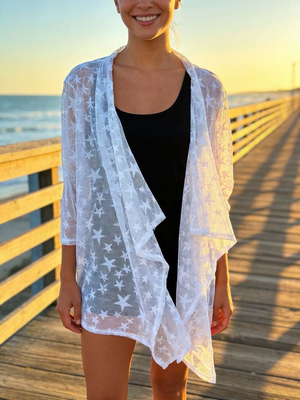 SML Sport White Star Print Mesh Open Front Kimono Cardigan